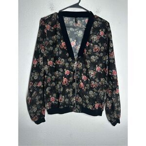 Stradivarius Chaqueta Bomber Floral Print Size M Black Pink Zip Transparent